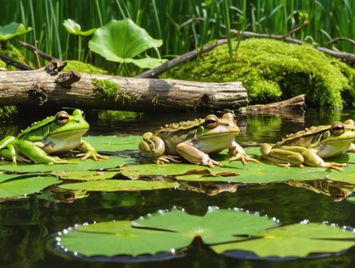 A picturesque frog pond featuring lush vegetation, lily pads with frogs, and a balance of natural elements creating a thriving habitat.