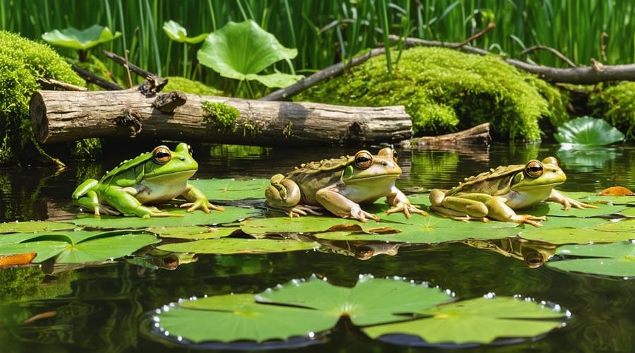 A picturesque frog pond featuring lush vegetation, lily pads with frogs, and a balance of natural elements creating a thriving habitat.