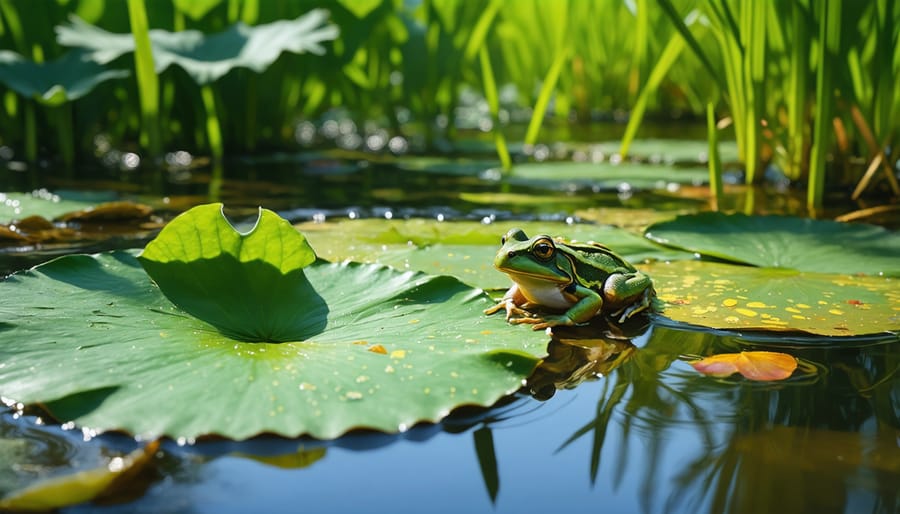 Healthy frog pond habitat with native vegetation and resident frog