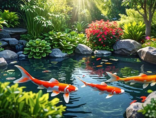 A harmonious backyard koi pond ecosystem featuring colorful koi swimming alongside diverse aquatic plants under gentle sunlight, illustrating balance and natural beauty.