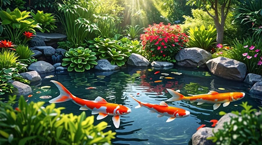 A harmonious backyard koi pond ecosystem featuring colorful koi swimming alongside diverse aquatic plants under gentle sunlight, illustrating balance and natural beauty.