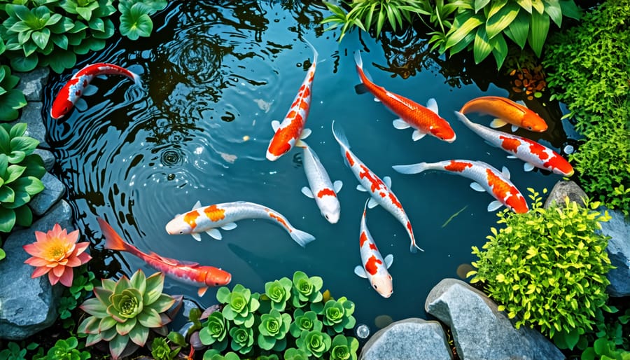 A well-balanced koi pond ecosystem with thriving plants and healthy koi