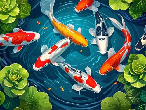 "A harmonious koi pond featuring colorful koi fish swimming amidst lush aquatic plants, demonstrating the balance and tranquility of a thriving pond ecosystem."