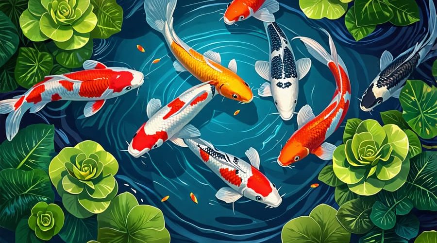 "A harmonious koi pond featuring colorful koi fish swimming amidst lush aquatic plants, demonstrating the balance and tranquility of a thriving pond ecosystem."