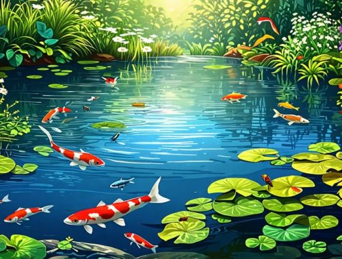 A colorful and diverse pond ecosystem showcasing aquatic plants, fish, insects, and visiting birds under a clear blue sky, representing a rich biodiversity.