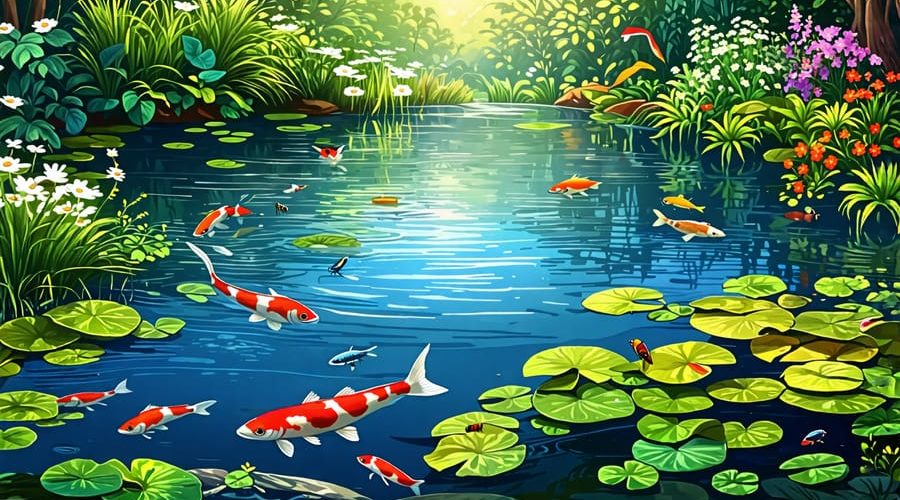 A colorful and diverse pond ecosystem showcasing aquatic plants, fish, insects, and visiting birds under a clear blue sky, representing a rich biodiversity.