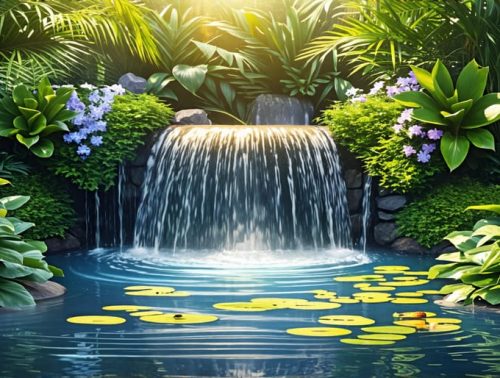 A peaceful pond with a vibrant fountain and waterfall, showcasing clear water, flowing currents, and vibrant aquatic plants, illustrating effective water circulation and a balanced pond ecosystem.