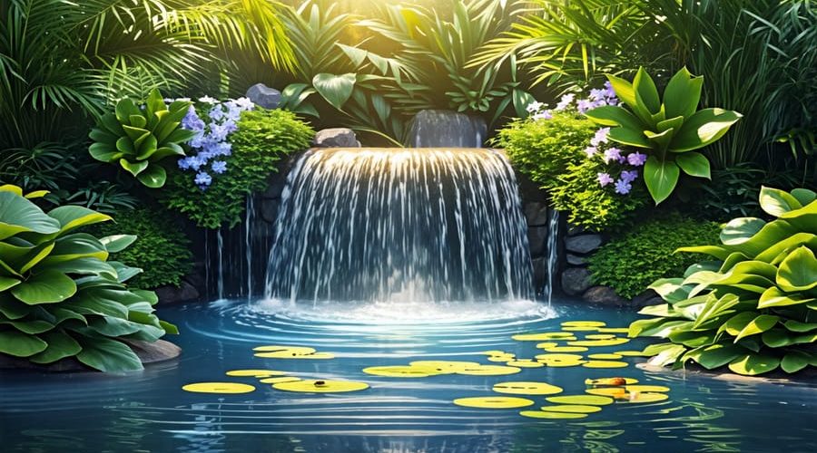 A peaceful pond with a vibrant fountain and waterfall, showcasing clear water, flowing currents, and vibrant aquatic plants, illustrating effective water circulation and a balanced pond ecosystem.