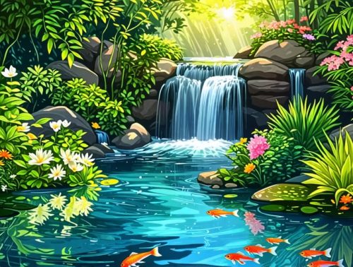 A vibrant pond ecosystem featuring thriving aquatic plants, colorful fish, and a gentle waterfall amidst lush greenery, highlighting the beauty and tranquility of a well-balanced water habitat.