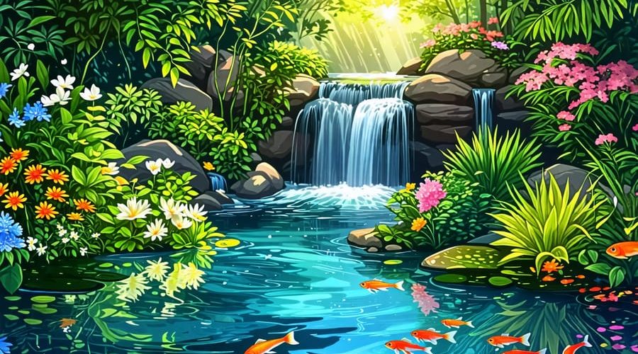 A vibrant pond ecosystem featuring thriving aquatic plants, colorful fish, and a gentle waterfall amidst lush greenery, highlighting the beauty and tranquility of a well-balanced water habitat.