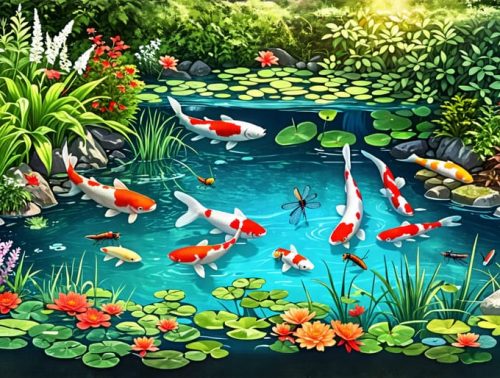 Cross-section illustration of a backyard pond ecosystem with koi fish, aquatic plants, and insects working together to maintain a balanced environment.