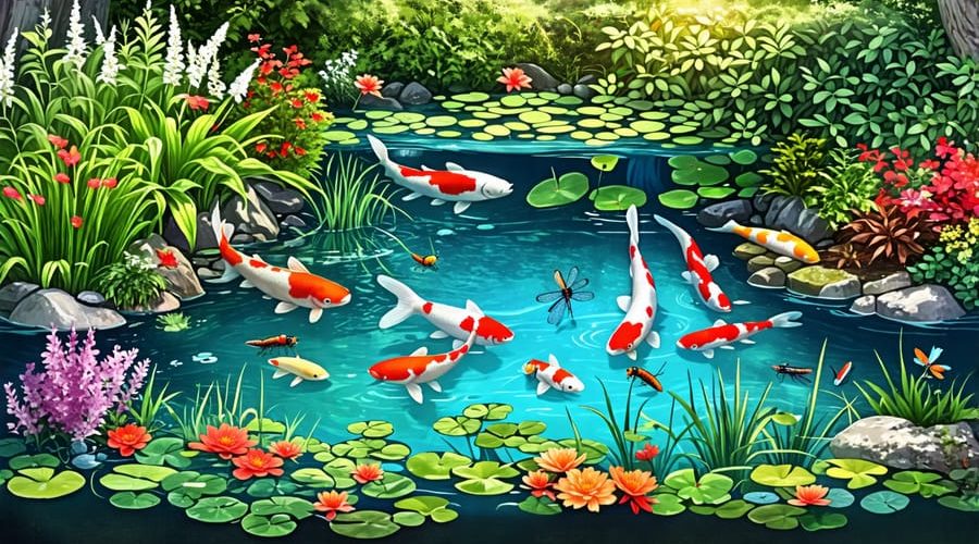 Cross-section illustration of a backyard pond ecosystem with koi fish, aquatic plants, and insects working together to maintain a balanced environment.