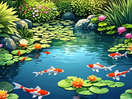 A harmonious pond ecosystem with colorful aquatic plants and fish, demonstrating the balance of nature.