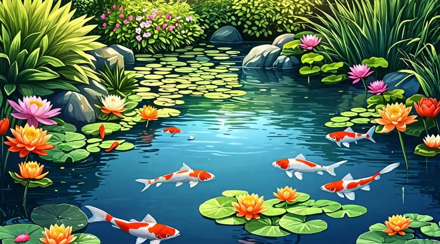 A harmonious pond ecosystem with colorful aquatic plants and fish, demonstrating the balance of nature.