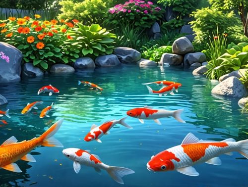 A picturesque garden pond with clear water and diverse aquatic life, featuring koi and goldfish amidst lush greenery, representing a thriving and balanced aquatic environment.