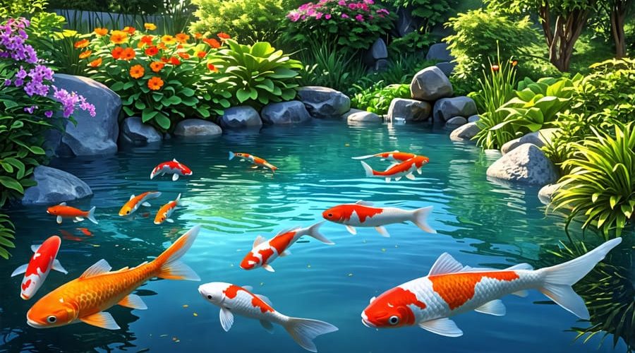 A picturesque garden pond with clear water and diverse aquatic life, featuring koi and goldfish amidst lush greenery, representing a thriving and balanced aquatic environment.