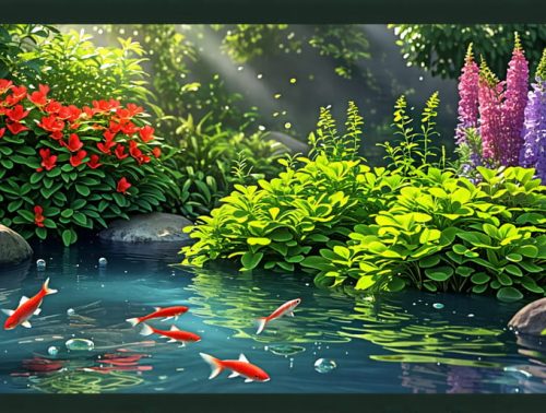 Serene small pond teeming with life, featuring oxygenating plants like hornwort and red ludwigia, with fish and bubbles enhancing the aquatic ecosystem.