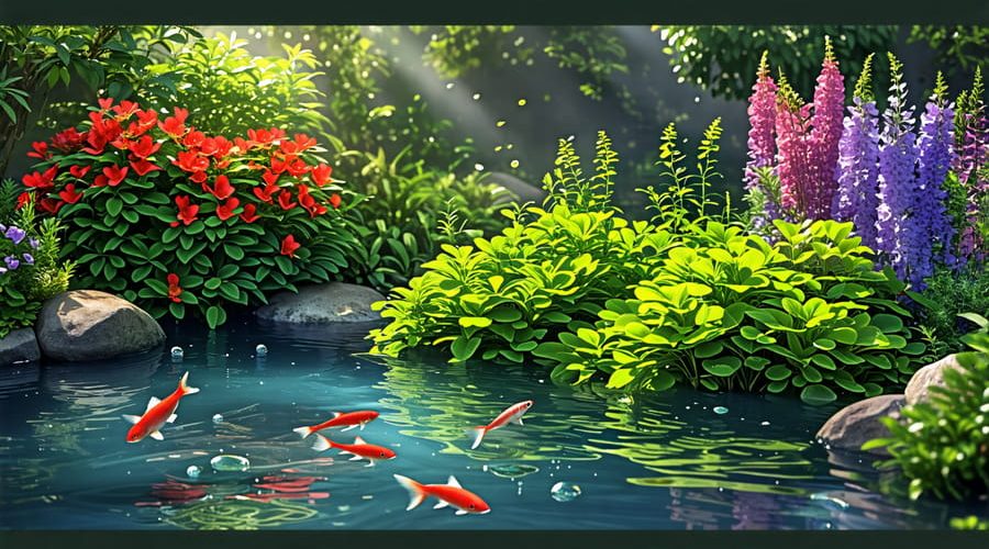 Serene small pond teeming with life, featuring oxygenating plants like hornwort and red ludwigia, with fish and bubbles enhancing the aquatic ecosystem.