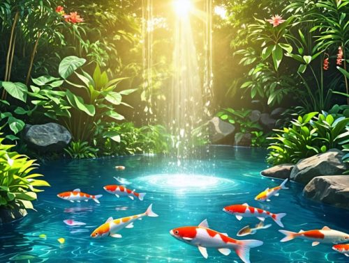 A healthy and vibrant water garden pond with clear water, lush aquatic plants, and fish swimming peacefully, exemplifying a disease-free ecosystem.