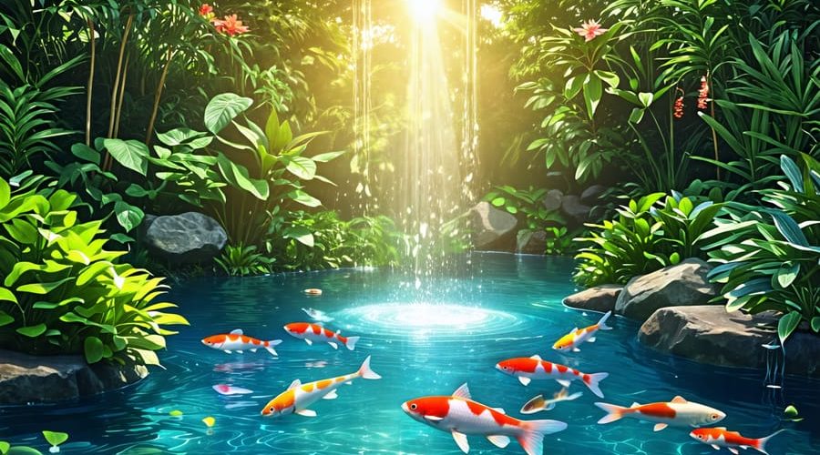 A healthy and vibrant water garden pond with clear water, lush aquatic plants, and fish swimming peacefully, exemplifying a disease-free ecosystem.