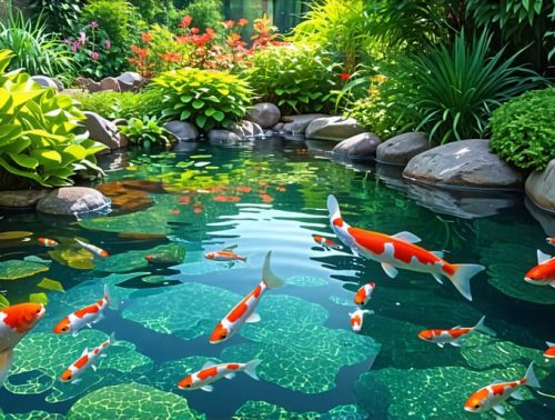 A tranquil water garden with clear water, diverse fish, lush aquatic plants, and vibrant background vegetation, illustrating ecological balance and harmony.