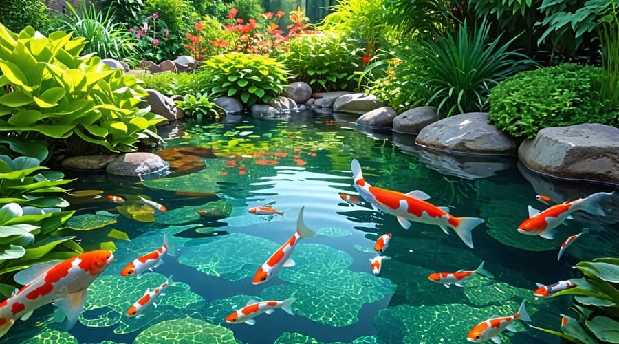 A tranquil water garden with clear water, diverse fish, lush aquatic plants, and vibrant background vegetation, illustrating ecological balance and harmony.