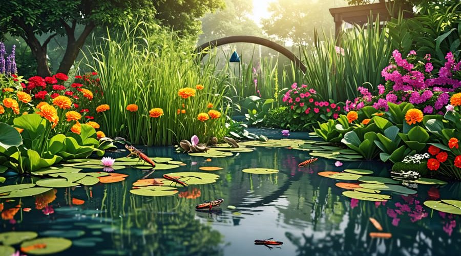 A lush water garden showcasing diverse aquatic plants, dragonflies, and frogs working together to maintain a healthy, pest-free ecosystem.