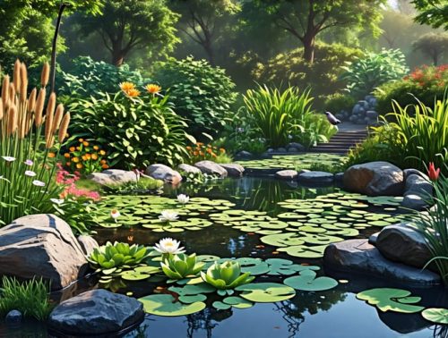 A lush water garden filled with native plants, featuring varying water depths and natural basking spots, supporting local wildlife including birds, insects, amphibians, and aquatic life.