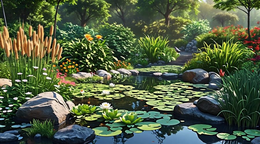 A lush water garden filled with native plants, featuring varying water depths and natural basking spots, supporting local wildlife including birds, insects, amphibians, and aquatic life.