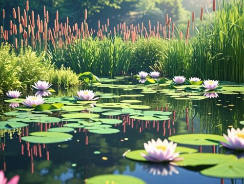 A vibrant pond scene featuring lush water plants like water lilies, lotus, irises, and duckweed, with reeds and cattails creating a serene and balanced aquatic environment.