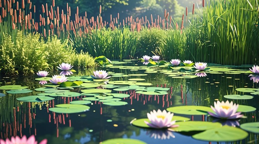 A vibrant pond scene featuring lush water plants like water lilies, lotus, irises, and duckweed, with reeds and cattails creating a serene and balanced aquatic environment.