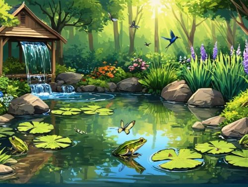 Illustration of a thriving backyard wildlife pond surrounded by lush native vegetation and teeming with birds, frogs, and dragonflies, blending seamlessly with a tranquil garden setting.