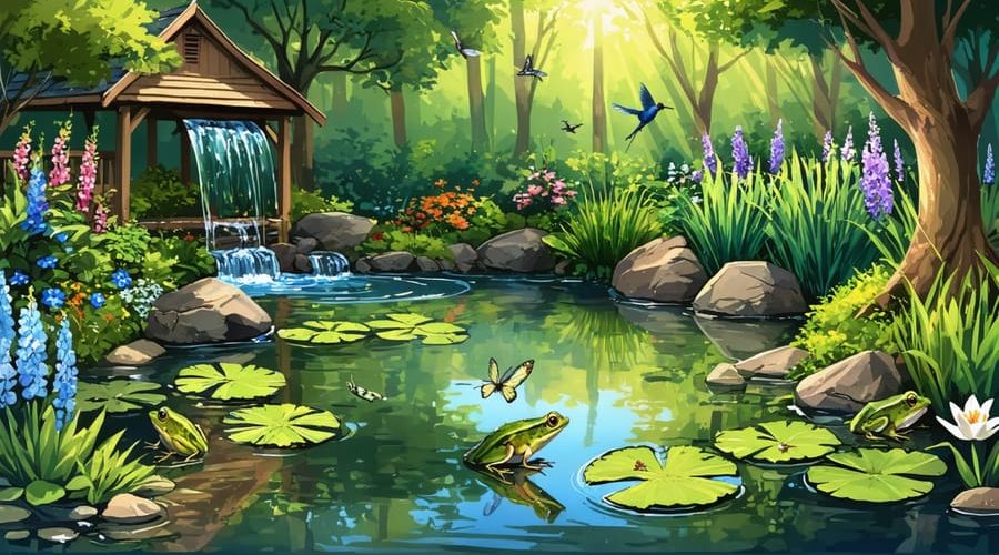 Illustration of a thriving backyard wildlife pond surrounded by lush native vegetation and teeming with birds, frogs, and dragonflies, blending seamlessly with a tranquil garden setting.