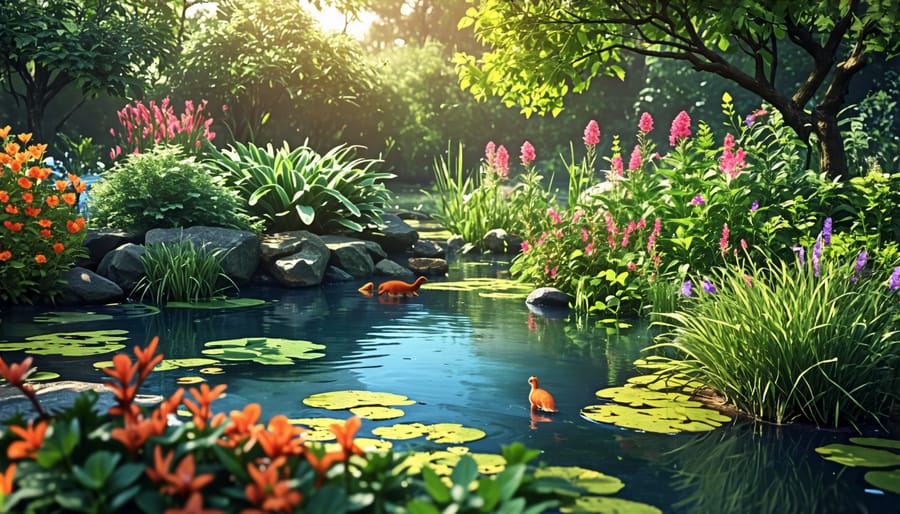 A vibrant pond ecosystem with aquatic plants, frogs, and dragonflies