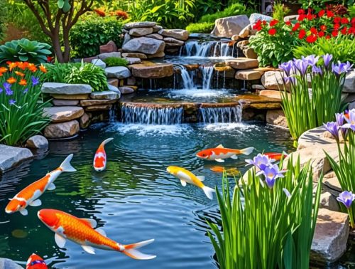 A picturesque backyard pond with cascading waterfall, vibrant aquatic plants, and colorful koi fish, framed by natural stone borders in a tranquil garden setting.