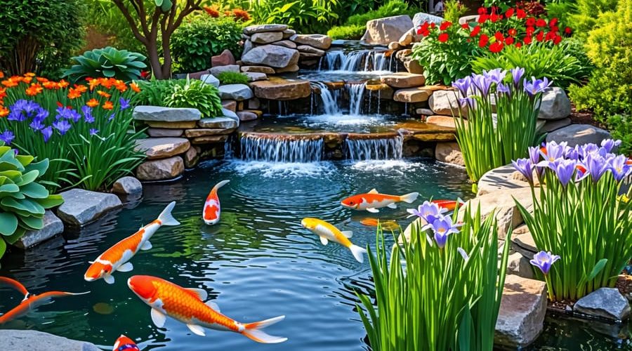 A picturesque backyard pond with cascading waterfall, vibrant aquatic plants, and colorful koi fish, framed by natural stone borders in a tranquil garden setting.