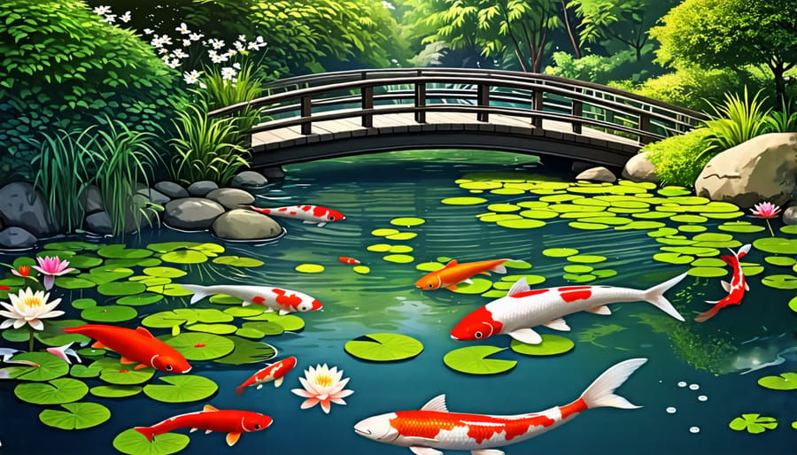 Peaceful koi pond with vibrant fish and a decorative bridge