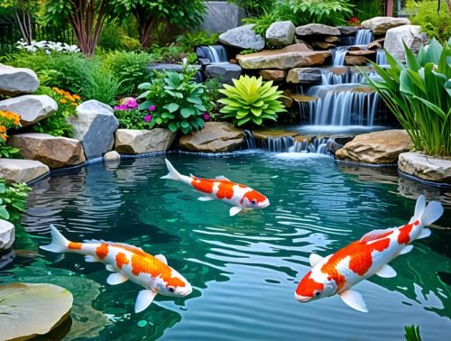 A tranquil koi pond featuring colorful koi fish, crystal clear water, and lush surrounding foliage, creating a peaceful and aesthetically pleasing backyard oasis.