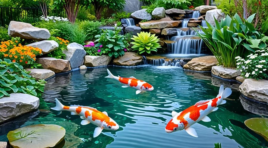 A tranquil koi pond featuring colorful koi fish, crystal clear water, and lush surrounding foliage, creating a peaceful and aesthetically pleasing backyard oasis.