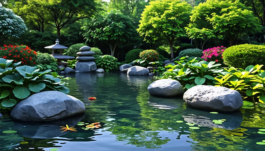 A beautifully designed Zen pond with rocks, water features, and greenery, showcasing tranquility and simplicity.