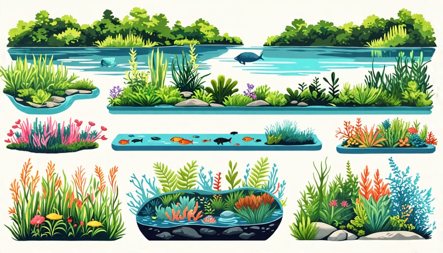 Illustration showing different types of aquatic ecosystems: a calm freshwater lake, a colorful marine reef, and a structured man-made water garden