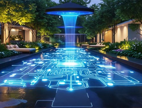 Calm water garden enhanced with IoT technology, showcasing smart sensors, automated filtration, and intelligent lighting, with a tablet displaying control settings, symbolizing the integration of technology into a natural pond environment.