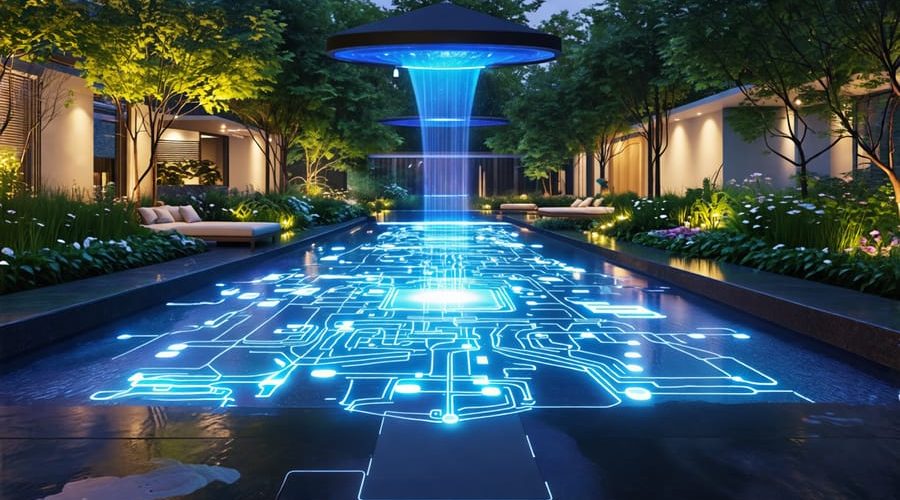 Calm water garden enhanced with IoT technology, showcasing smart sensors, automated filtration, and intelligent lighting, with a tablet displaying control settings, symbolizing the integration of technology into a natural pond environment.