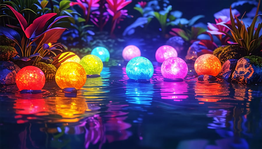 Submerged color-changing LED lights in a koi pond creating a mesmerizing effect