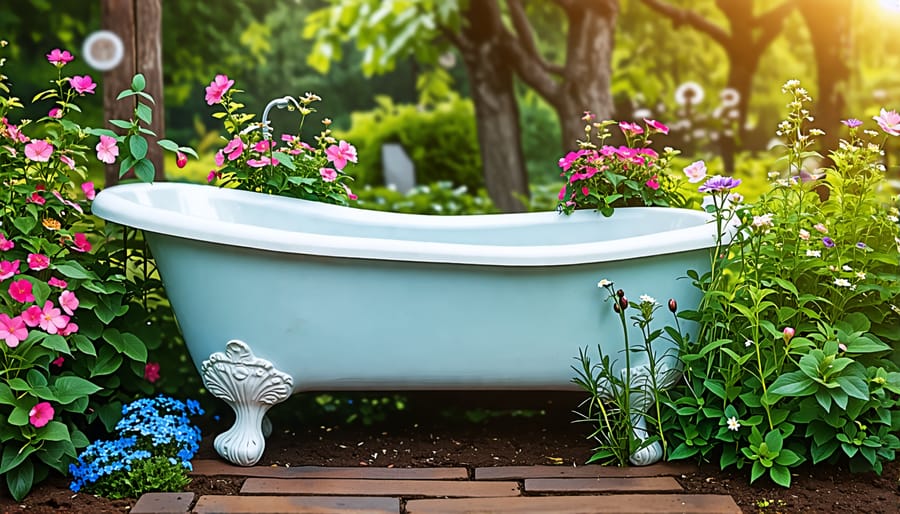 Vintage clawfoot bathtub upcycled into a delightful backyard pond feature