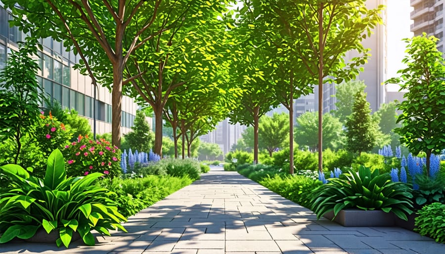 Lush sustainable garden reducing heat and sequestering carbon in a city