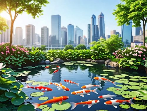 An urban backyard pond with colorful koi fish and water lilies, encircled by lush greenery, juxtaposed against a city skyline, illustrating a balance of nature and urban settings.