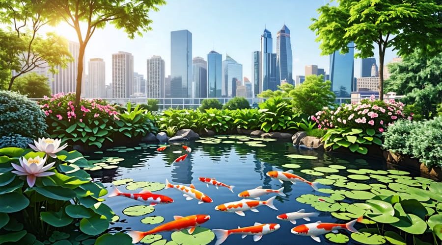 An urban backyard pond with colorful koi fish and water lilies, encircled by lush greenery, juxtaposed against a city skyline, illustrating a balance of nature and urban settings.