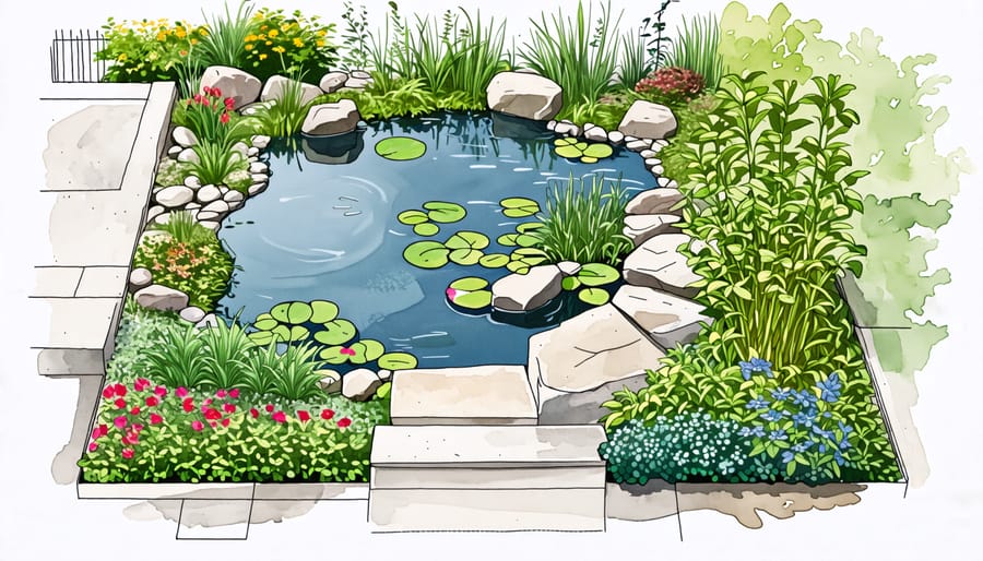 Illustrated guide for choosing the optimal location for a pond in a space-limited urban yard