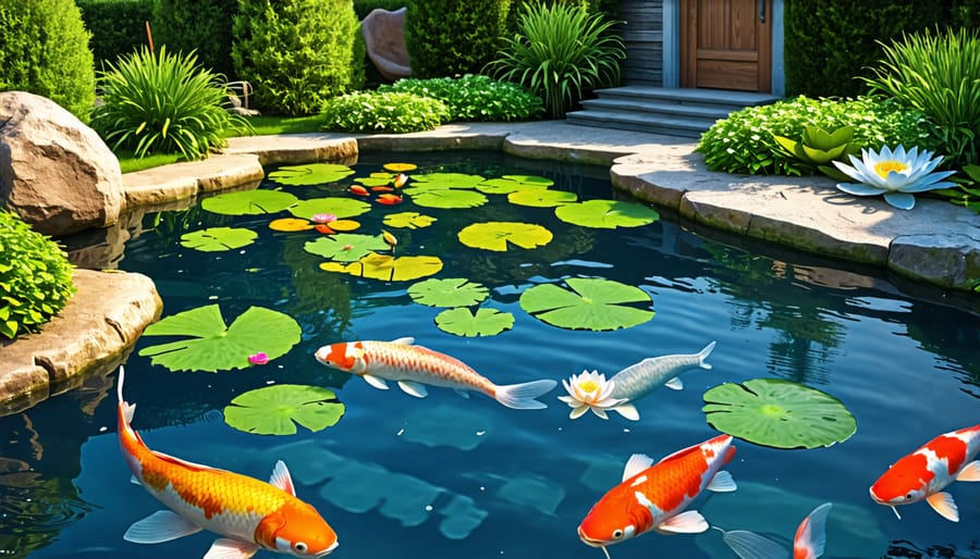 Tranquil pond with colorful koi and floating water lilies in an urban backyard setting